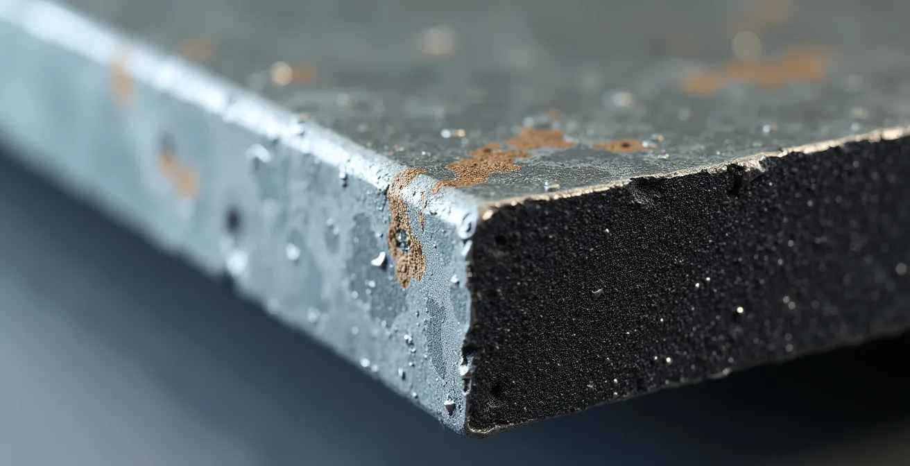 Vue techniquement détaillée montrant la couche de zinc protectrice sur l'acier, avec la texture granuleuse de la galvanisation à chaud et le polyéthylène haute densité adjacent