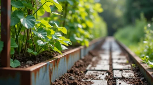 Aménagement de jardin moderne intégrant du matériel forain recyclé : structure acier galvanisé, plaques PEHD, et plantes grimpantes luxuriantes