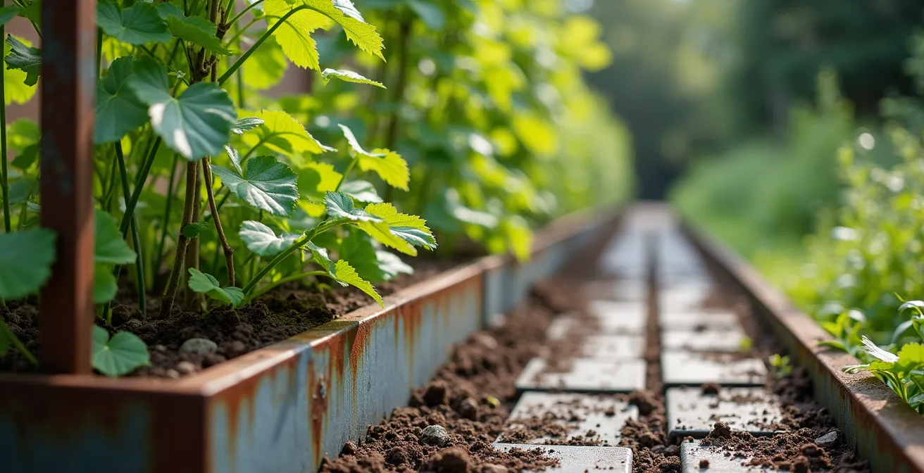 Aménagement de jardin moderne intégrant du matériel forain recyclé : structure acier galvanisé, plaques PEHD, et plantes grimpantes luxuriantes