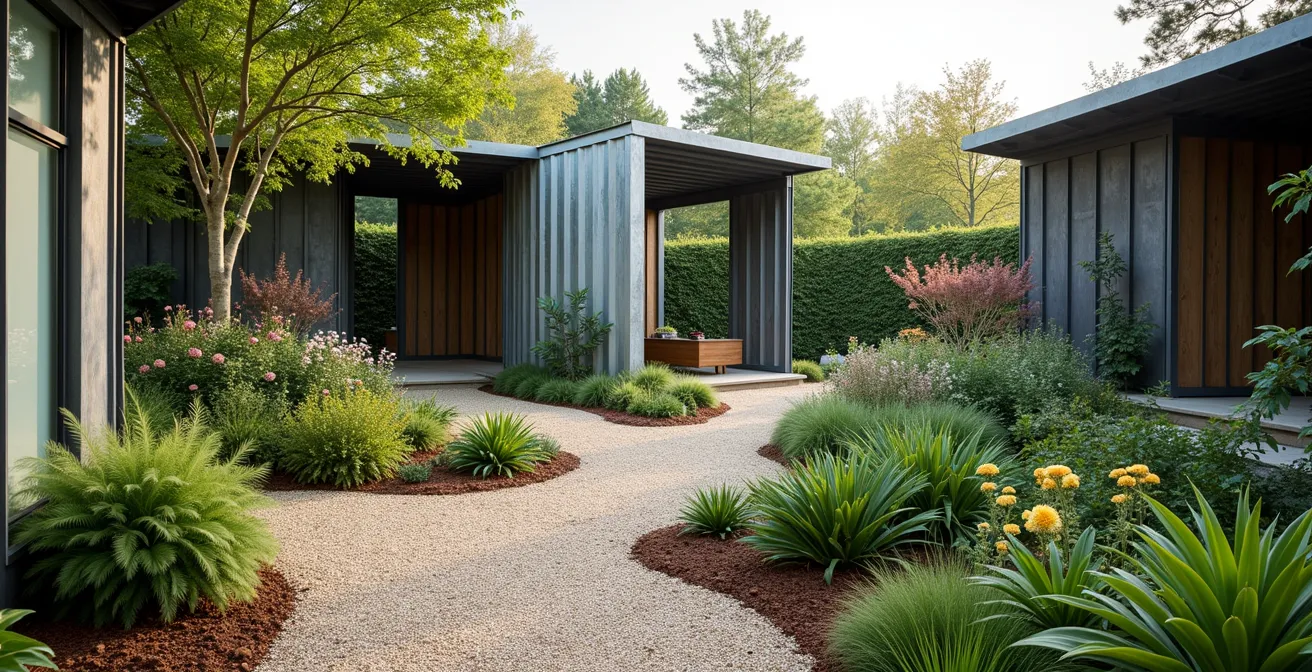 Vue large d'un jardin aménagé intégrant harmonieusement des éléments métalliques industriels avec une luxuriance végétale organique, dans un espace épuré et architecturé