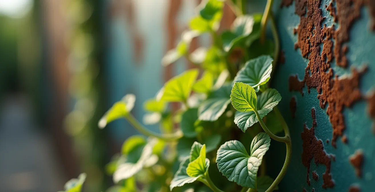 Gros plan sur une plante grimpante s'enroulant autour d'une barrière en acier galvanisé, montrant les vrilles et les feuilles vertes contre la texture métallique patinée