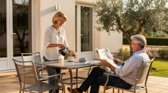 Couple profitant d'un petit-déjeuner sur une terrasse ensoleillée avec du mobilier en aluminium