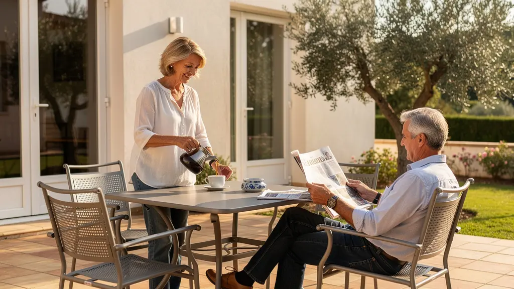 Couple profitant d'un petit-déjeuner sur une terrasse ensoleillée avec du mobilier en aluminium