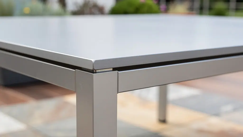 Gros plan sur les finitions d'une table de jardin en aluminium montrant la qualité des soudures